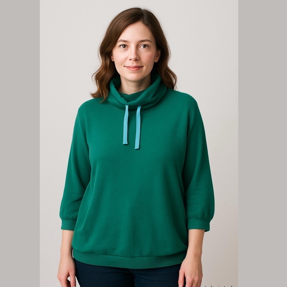 Inhabit Nhbt 100% Cotton Sweatshirt Drawstring Collar Sweater Top Green Sz L